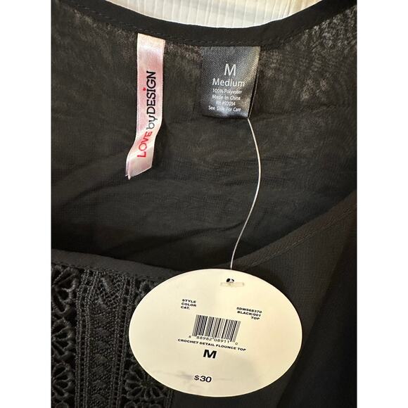 Love By Design Black Boho Crochet Flounce Crop Top Sheer Flutter Sleeve Size M - Picture 2 of 4